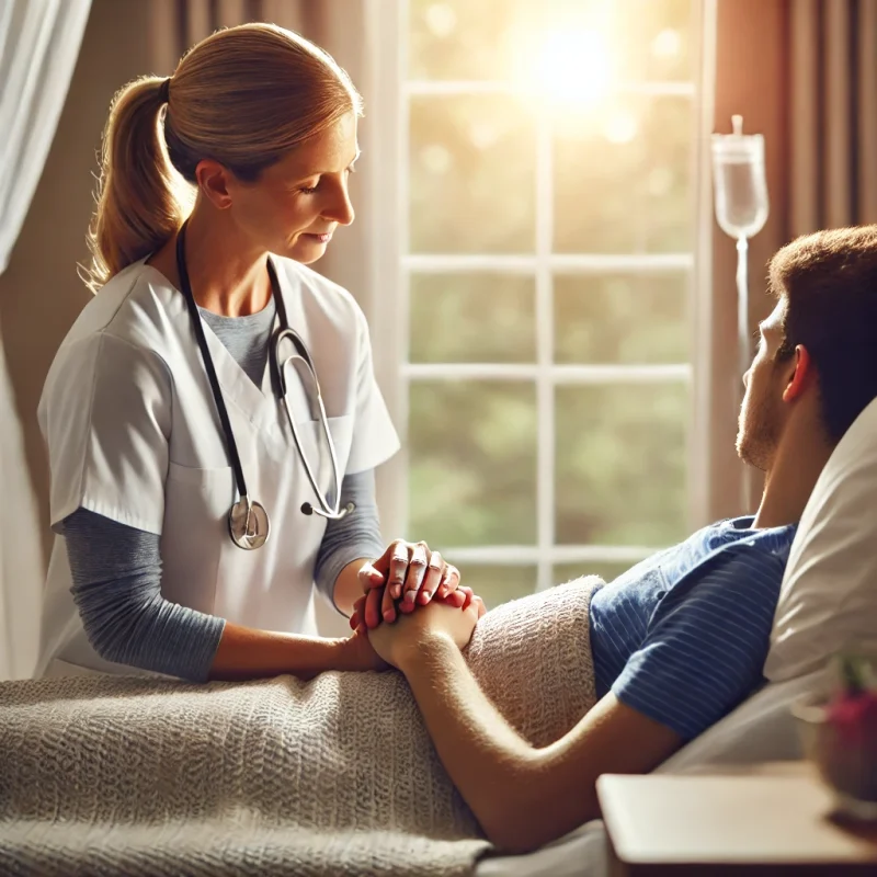 DALL·E 2025-03-06 18.56.04 - A compassionate palliative care scene featuring a young patient. A caring nurse or caregiver is providing comfort to a young adult in a peaceful home